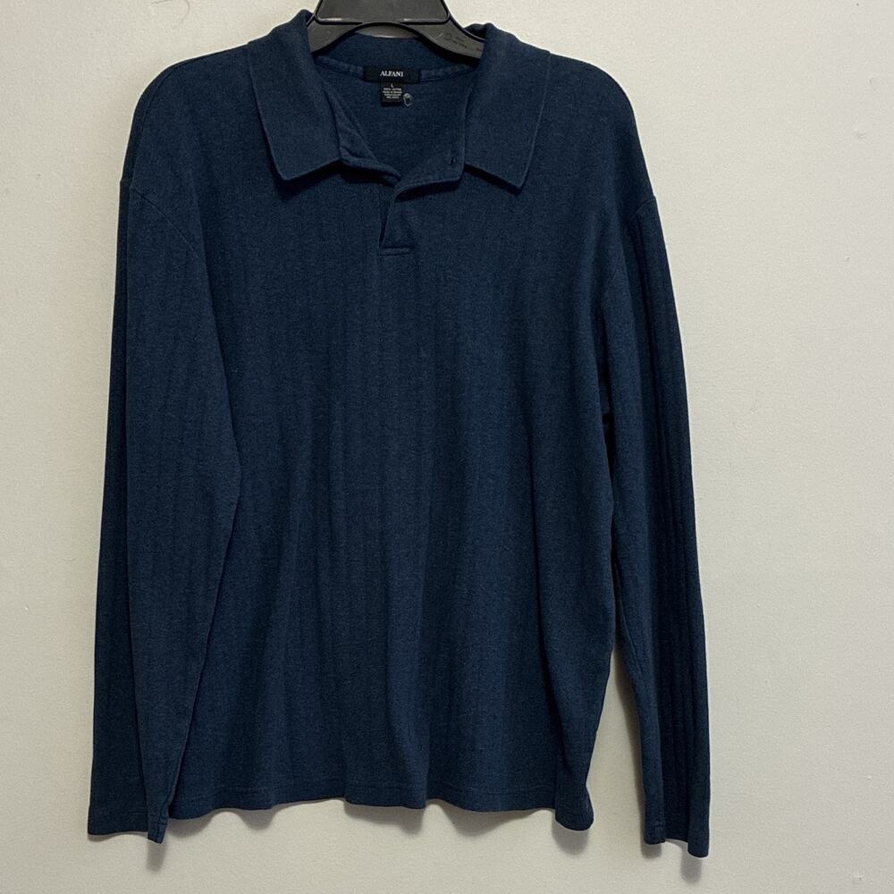 Alfani Men Blue Textured Long Sleeve Knit Polo L Shirt Cotton Minimalist Preppy